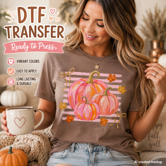 A woman wearing a brown T-shirt with a colorful autumn graphic of pink and orange pumpkins, striped background, and fall leaves. The image includes marketing text for a DTF transfer and seasonal props like pumpkins and a mug.