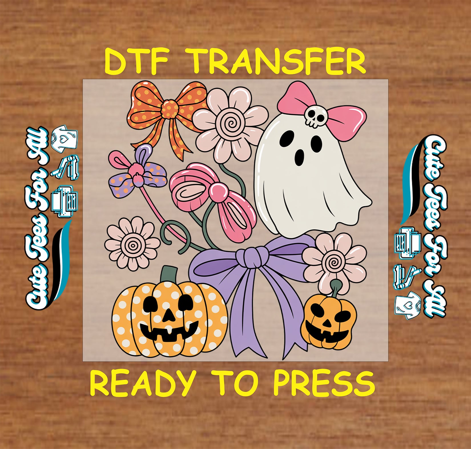 Cute ghost with pumpkins flowers and colorful bows ready-to-press Halloween DTF transfer mock up