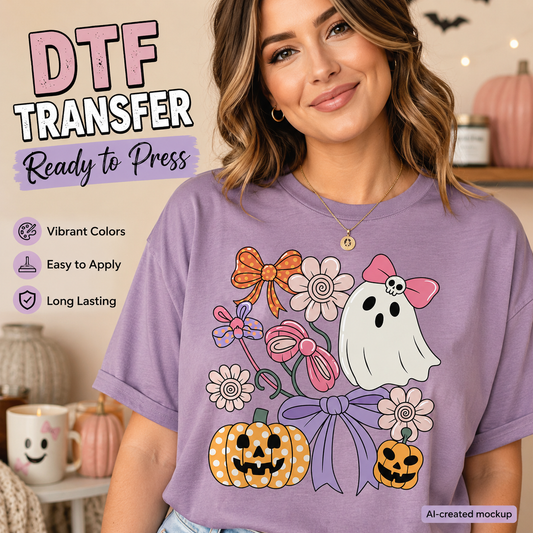 Girly Halloween ghost pumpkins flowers and bows DTF transfer shown on lavender shirt mockup