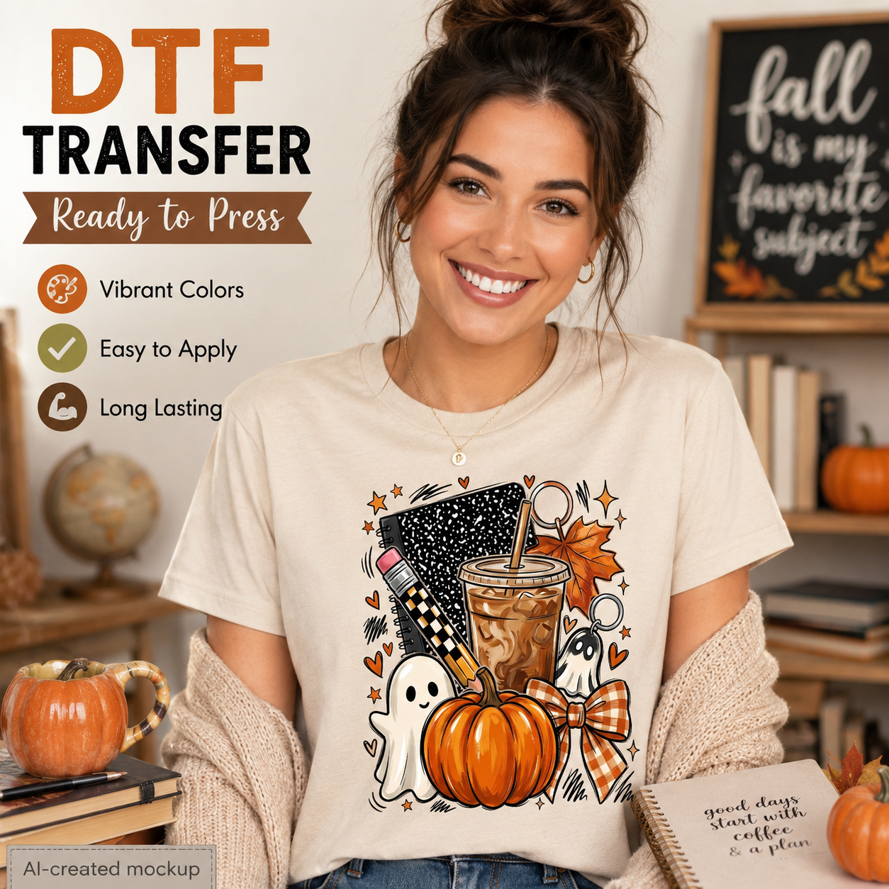 A woman wearing a beige graphic T-shirt with a fall-themed coffee illustration, posed in a cozy home interior with pumpkins, books, and a chalkboard sign. Large text on the left reads 'DTF TRANSFER Ready to Press' with feature icons.