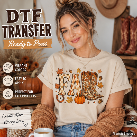 A woman wearing a cream-colored t-shirt with a 'FALL' graphic made of autumn leaves, acorns, and cowboy boots, styled with brown knit arm warmers in a cozy fall-themed setting. Text overlays on the left describe the DTF transfer product features.