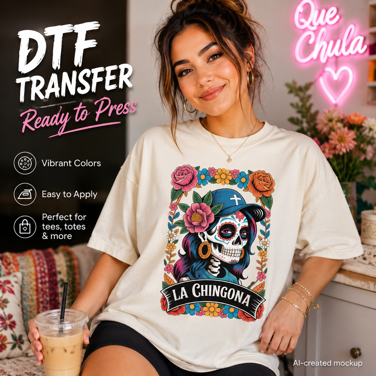 Woman wearing a La Chingona floral sugar skull DTF transfer design on a cream T-shirt