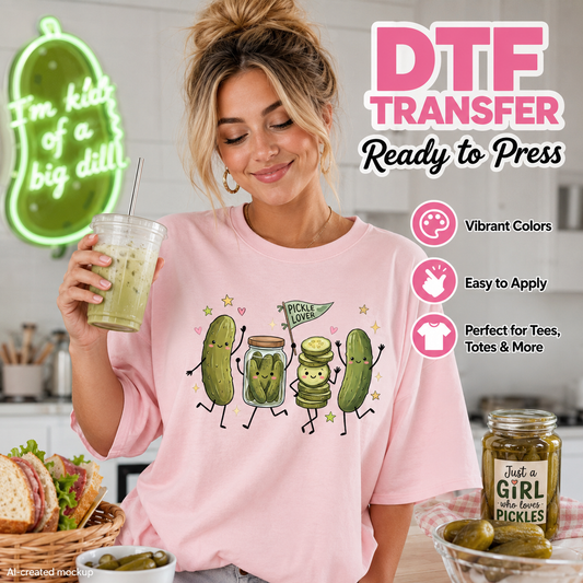A woman wearing a light pink graphic t-shirt with a cartoon pickle design, holding a drink in a kitchen setting. The image includes promotional text overlays for a 'DTF Transfer Ready to Press' service.