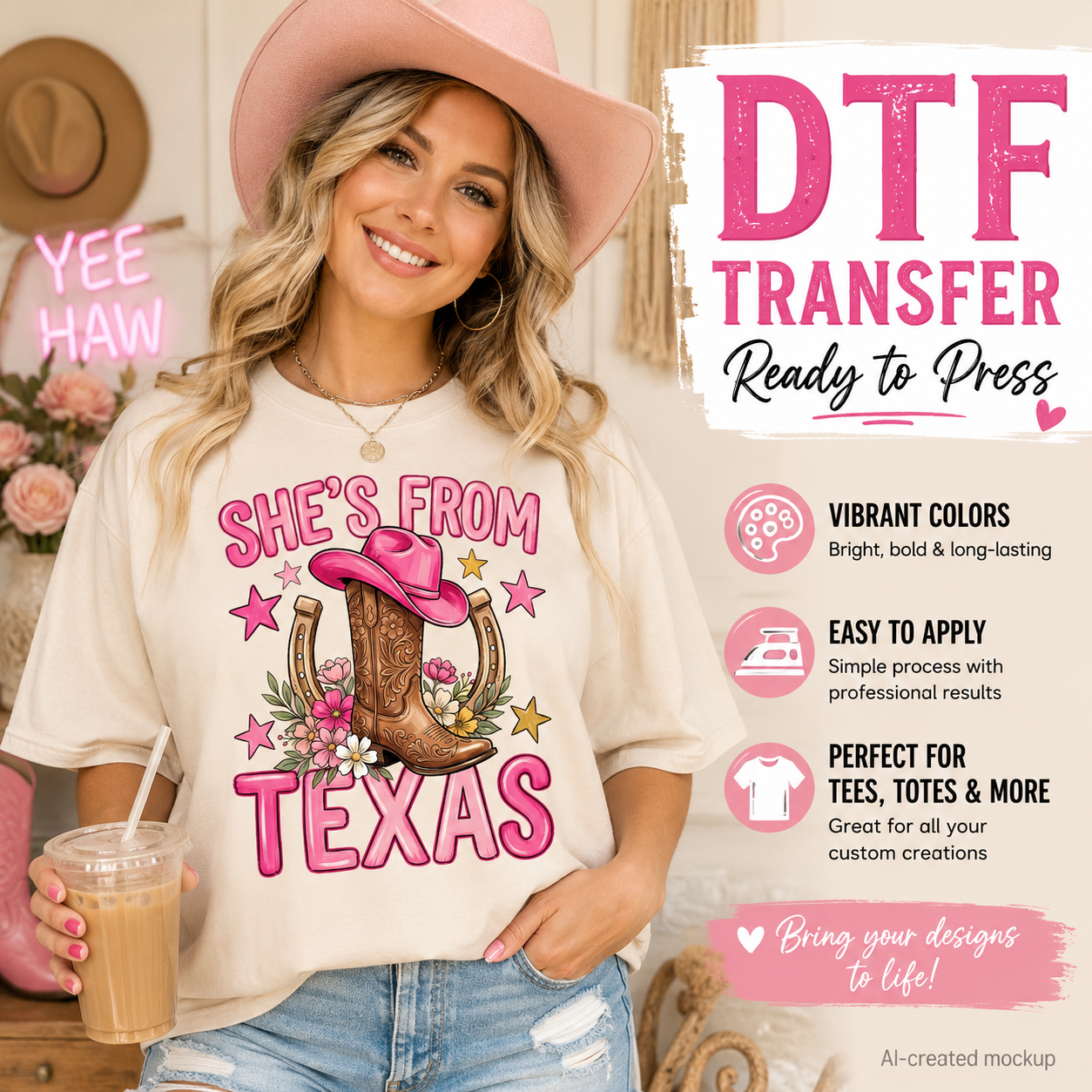 A woman wearing a cream-colored t-shirt with a 'She's From Texas' graphic featuring cowboy boots, a pink hat, and flowers, posed in a rustic indoor setting. The right side of the image features promotional text and icons for a 'DTF Transfer Ready to Press' service.