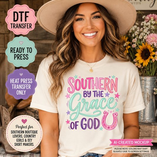 A smiling woman wearing a cream graphic T-shirt and a wide-brim straw hat, posed in a rustic indoor setting with flowers and wooden decor in the background. The shirt graphic reads “SOUTHERN BY THE Grace OF GOD” in pink, teal, and purple lettering with small star and horseshoe accents.
