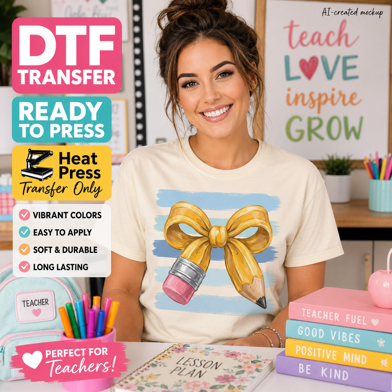 A woman wearing a cream-colored t-shirt with a graphic of a yellow pencil and gold bow on a light blue watercolor background. The image is a promotional mockup for a DTF (Direct to Film) transfer, featuring text overlays and school-themed props.