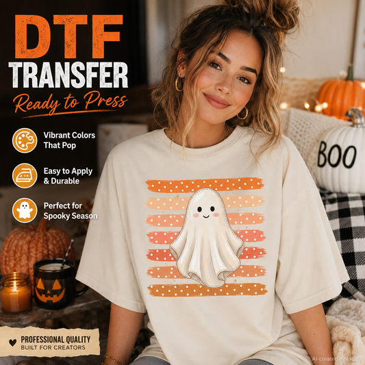A woman wearing a cream-colored t-shirt with a Halloween graphic of a white ghost over orange striped background. The image is a promotional banner for a 'DTF TRANSFER Ready to Press' product, featuring text callouts and seasonal props like pumpkins and a plaid blanket.