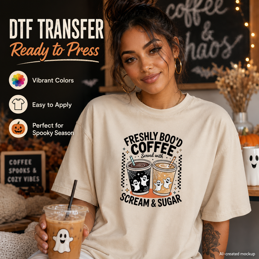 Woman wearing a cream shirt featuring the Freshly Boo’d Coffee Halloween ghost DTF transfer design.