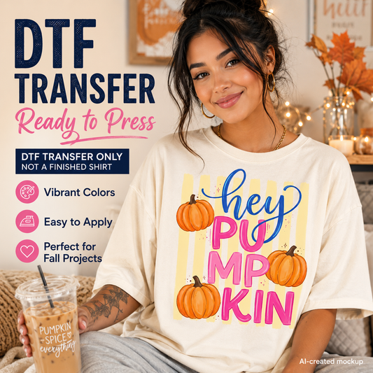 A woman wearing a cream-colored t-shirt with a 'hey PUMPKIN' graphic in blue and pink lettering with orange pumpkins, holding a iced coffee. The image features promotional text overlays for a DTF transfer product.