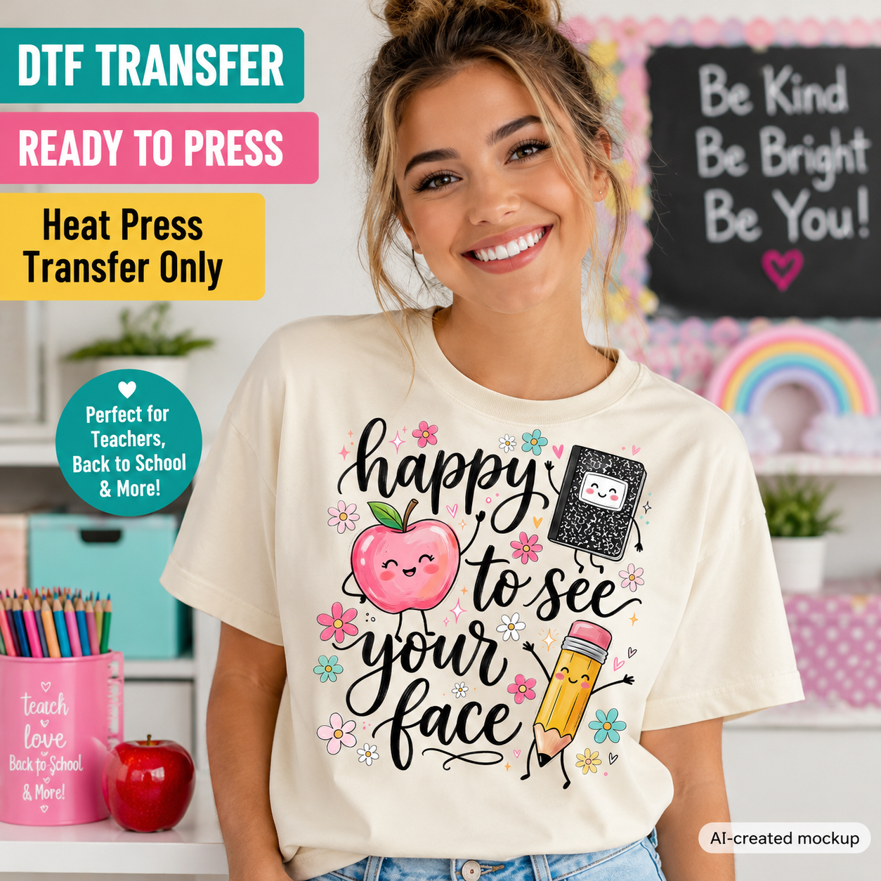A woman wearing a cream-colored graphic t-shirt with a school-themed print that reads 'happy to see your face' alongside a smiling apple, a notebook, and a pencil. The image is a digital mockup with promotional text overlays on the left and a classroom background.