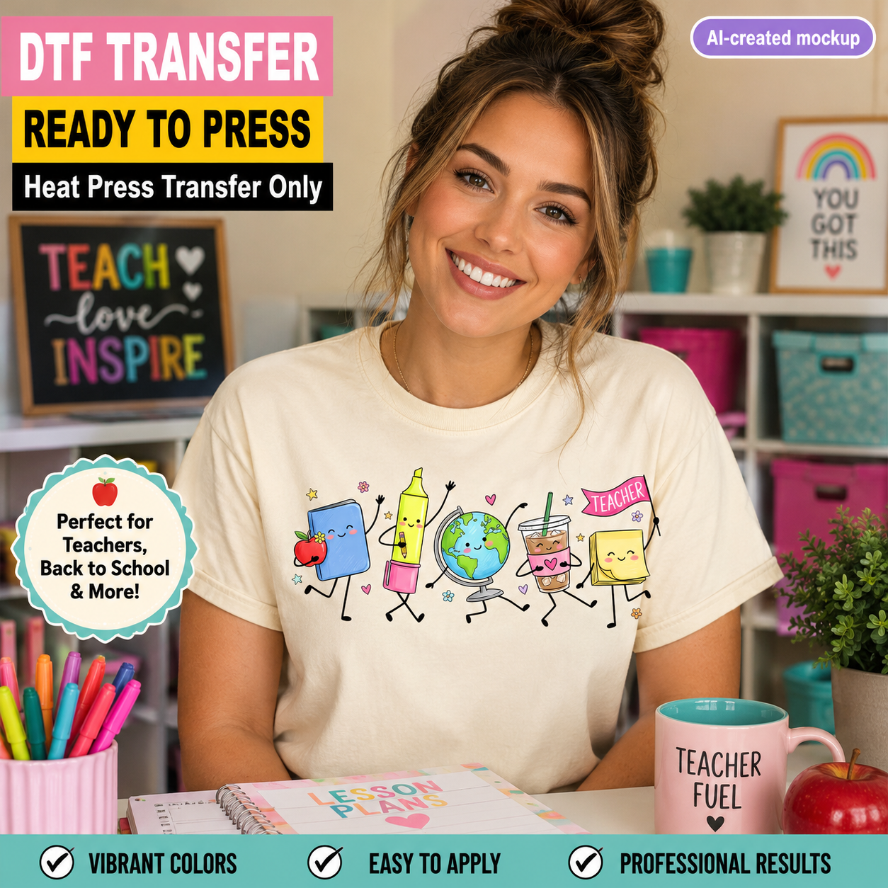 Teacher wearing a cream shirt with a cute school supplies DTF transfer featuring a globe, notebook, highlighter, and coffee cup.