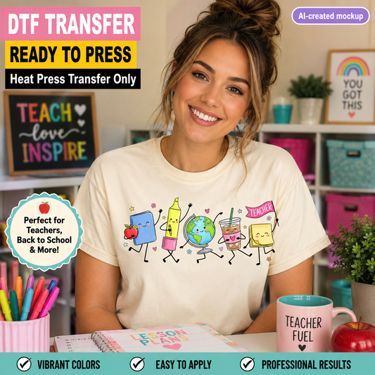 Teacher wearing a cream shirt with a cute school supplies DTF transfer featuring a globe, notebook, highlighter, and coffee cup.