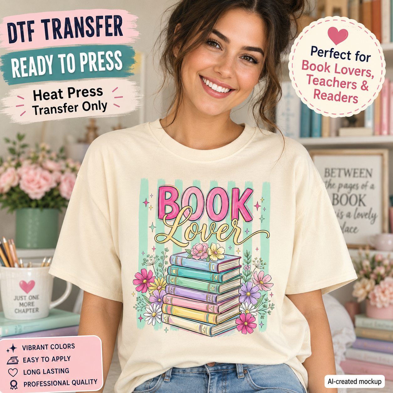 Woman wearing a cream shirt with a colorful Book Lover floral book stack DTF transfer design.