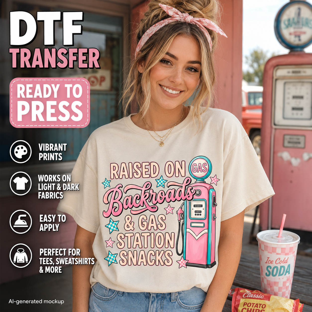 A woman wearing a cream-colored t-shirt with a colorful retro gas station graphic that reads 'RAISED ON Backroads & GAS STATION SNACKS'. The image is a promotional mockup for a DTF (Direct to Film) transfer, featuring text overlays on the left detailing product features like 'Vibrant Prints' and 'Works on Light & Dark Fabrics'.