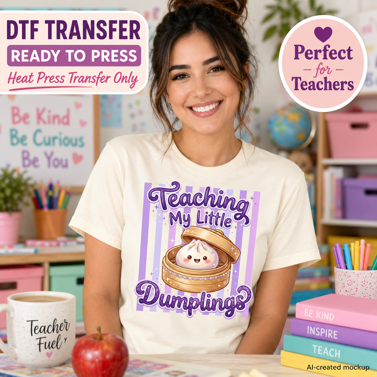 Teacher wearing a cream shirt with the Teaching My Little Dumplings teacher DTF transfer design.