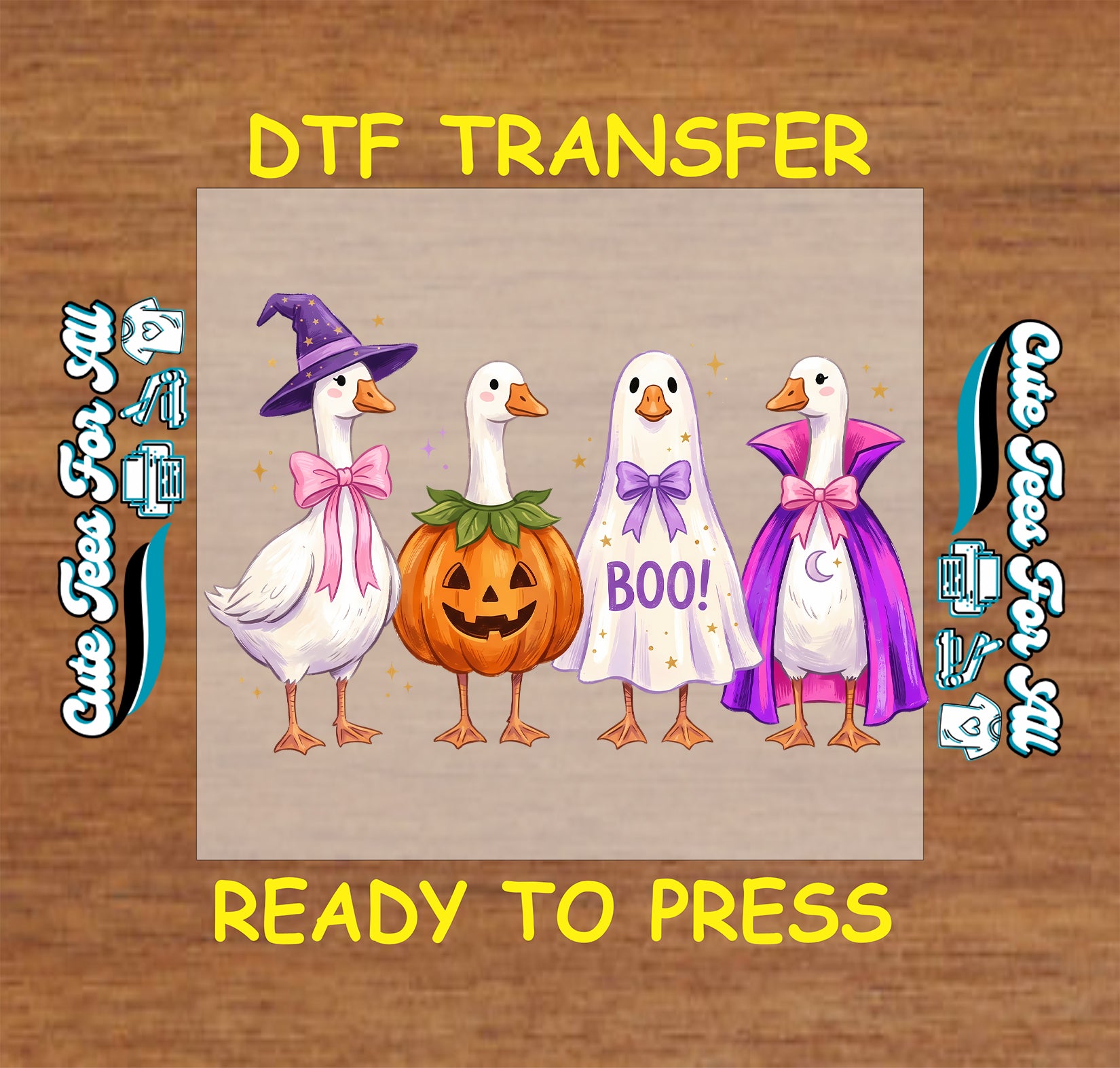 Halloween-themed DTF transfer design featuring four cartoon geese in costumes: a witch goose with a purple hat and pink bow, a pumpkin goose, a ghost goose with a purple BOO! bow, and a vampire goose in a purple cape with a pink bow. The design is centered on a wood-textured background with yellow text reading 'DTF TRANSFER' and 'READY TO PRESS'.