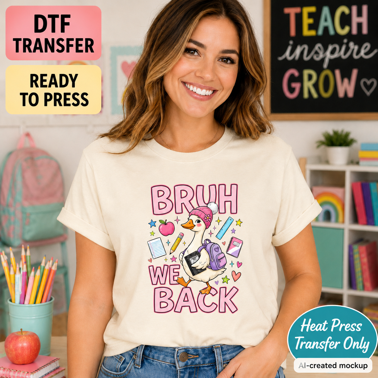 Woman wearing a cream shirt with the Bruh We Back goose back-to-school DTF transfer design.