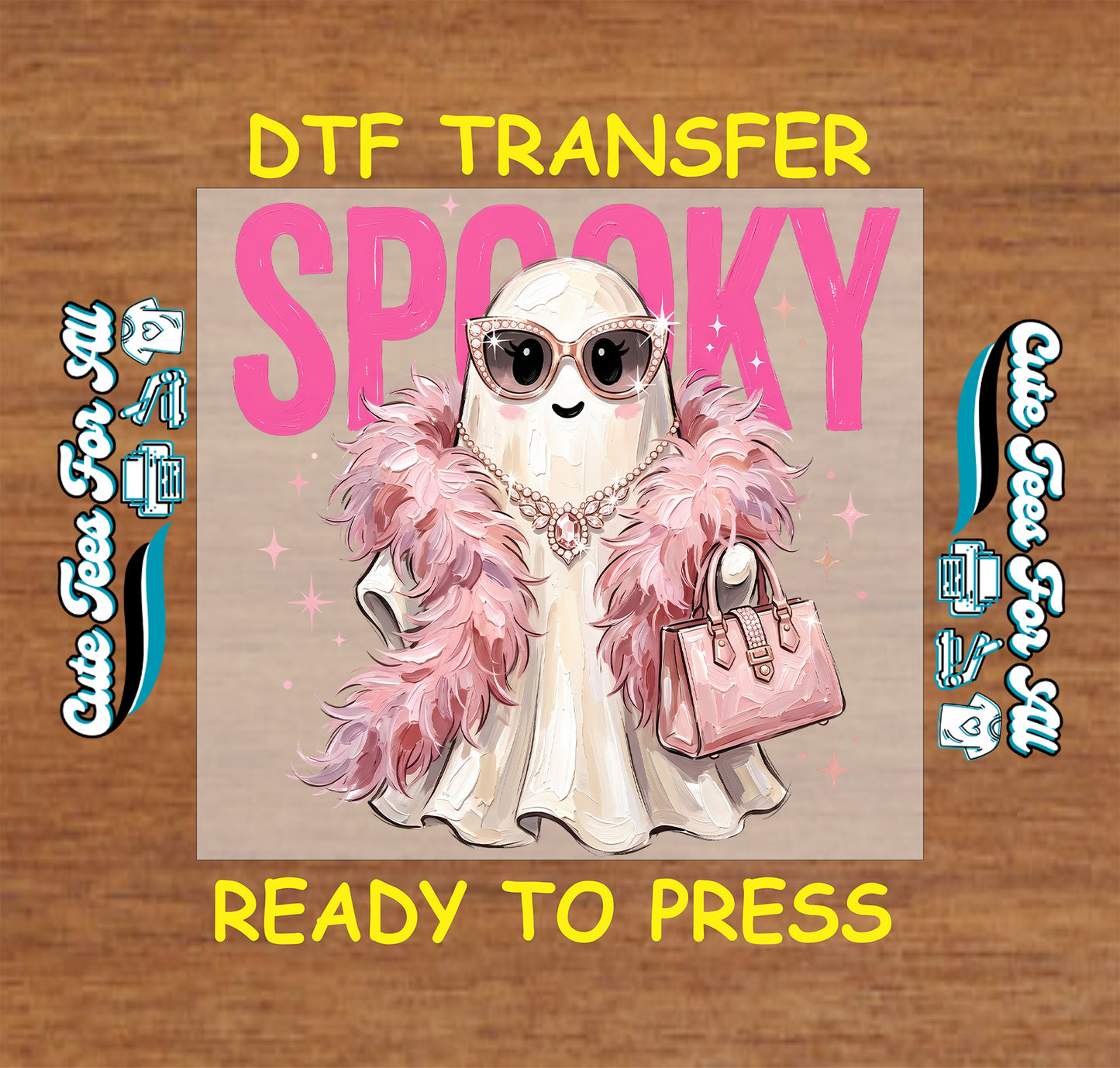 Spooky Halloween DTF transfer featuring a glamorous ghost with sunglasses, pink feather boa, jewelry, sparkles, and a handbag.