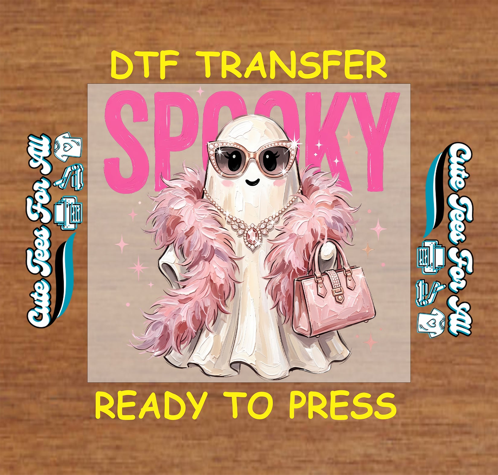 Spooky Halloween DTF transfer featuring a glamorous ghost with sunglasses, pink feather boa, jewelry, sparkles, and a handbag.