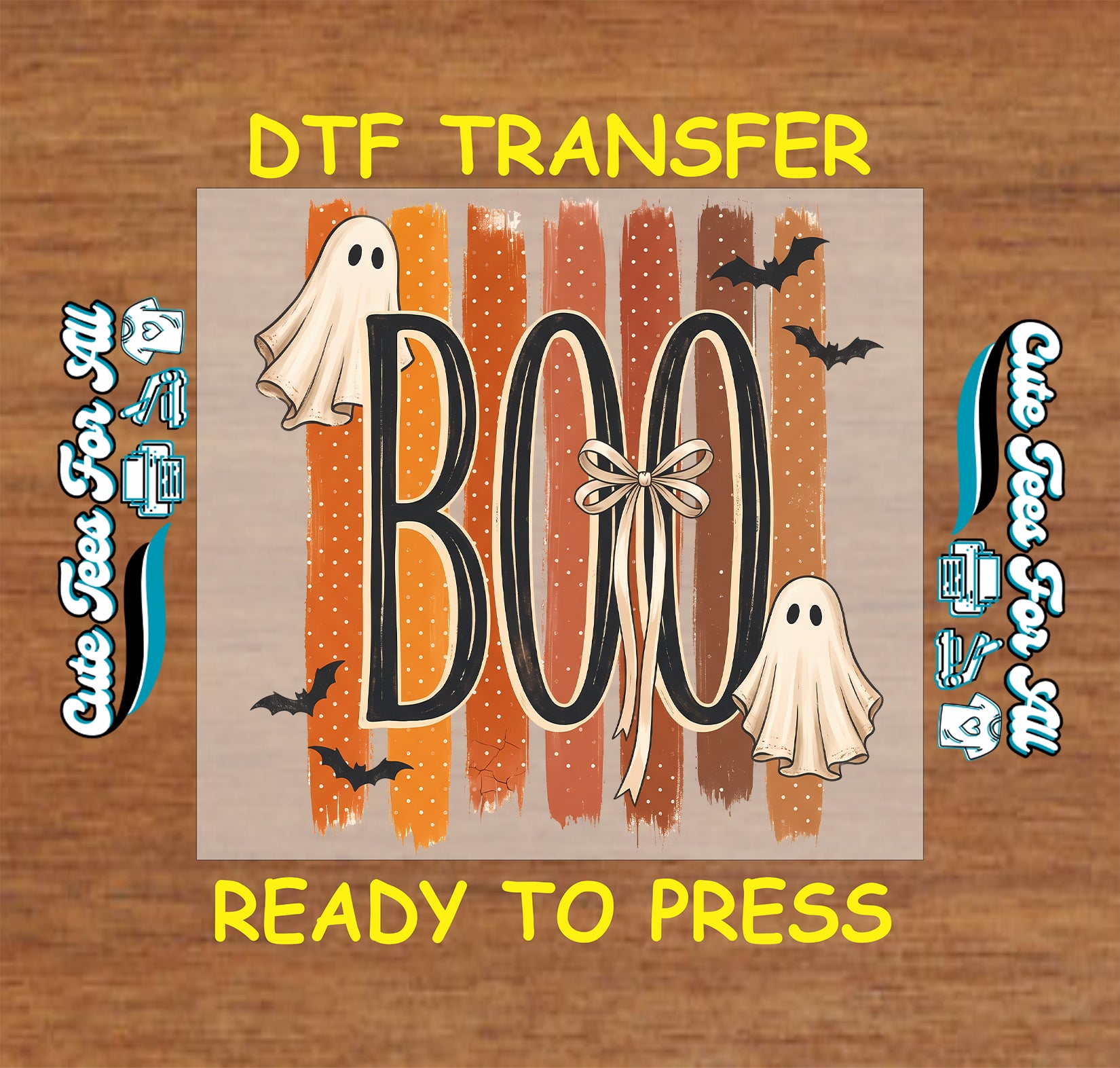 Retro Boo Halloween DTF transfer with ghosts, bats, orange stripes, and bow