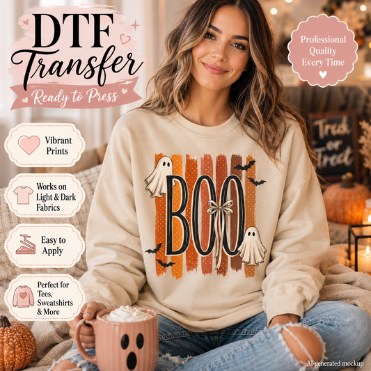 Woman wearing a cream sweatshirt with a retro Boo ghost Halloween DTF transfer design