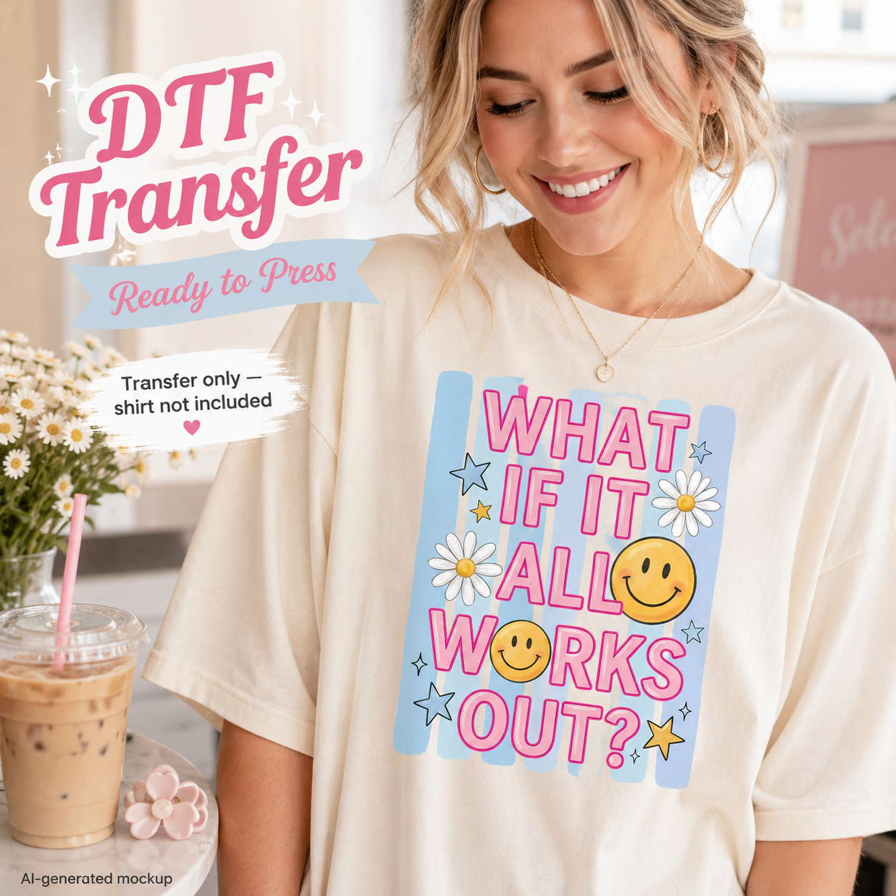 Woman wearing a cream shirt with a What If It All Works Out inspirational DTF transfer