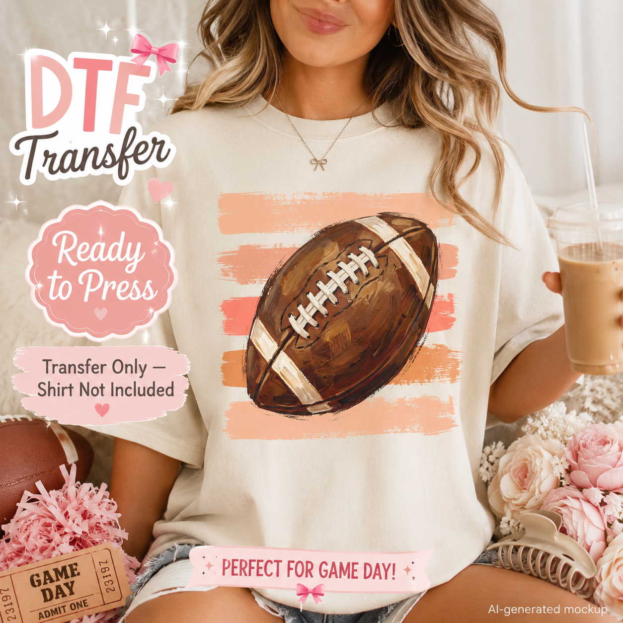 Woman wearing a cream shirt with a watercolor football game day DTF transfer