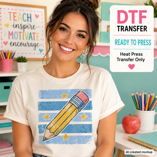 Teacher wearing a cream shirt with a retro pencil and stars DTF transfer