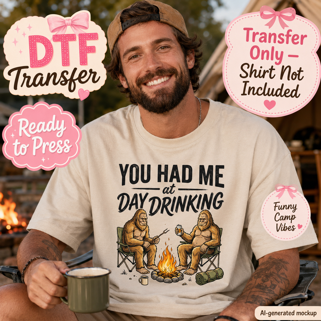 A man wearing a beige t-shirt with a funny campfire graphic of two sasquatches sitting by a fire, surrounded by promotional badges for a DTF transfer mockup.