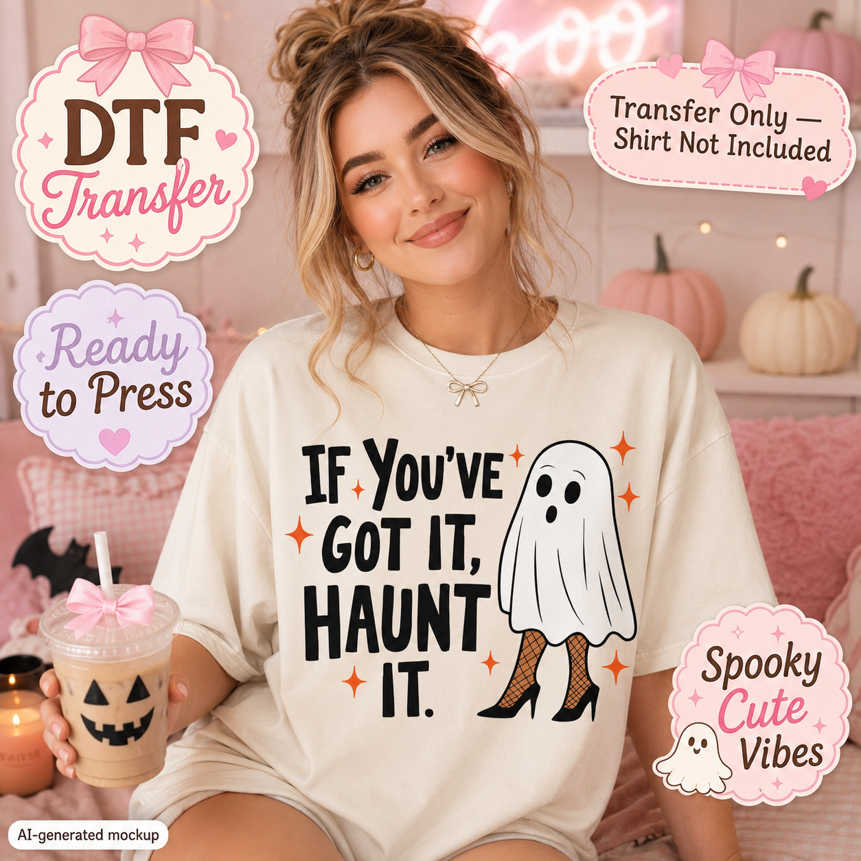 Woman wearing an ivory shirt with If You’ve Got It Haunt It ghost Halloween DTF transfer