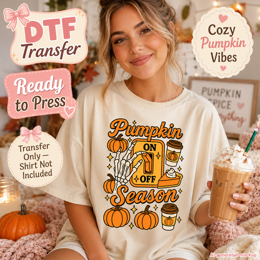 Woman wearing an ivory shirt with Pumpkin On Season fall DTF transfer design