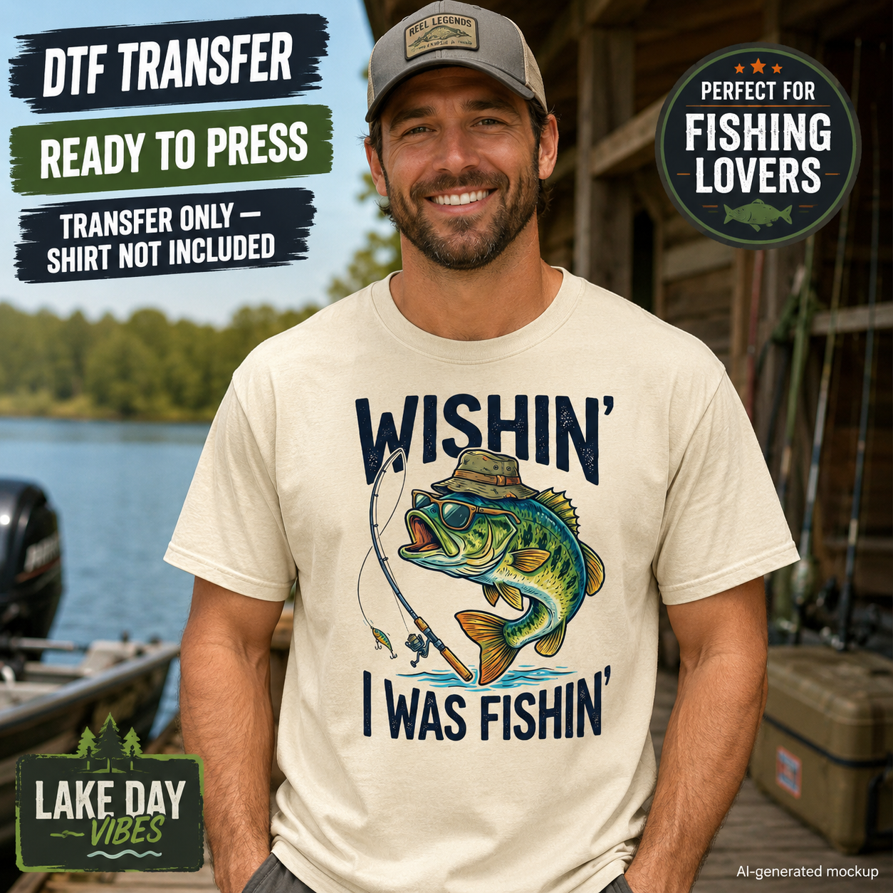 A man wearing a cream-colored t-shirt with a graphic print of a fishing bass wearing a hat, with the text 'WISHIN' I WAS FISHIN''. The image has promotional text overlays for a DTF transfer service.