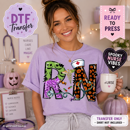 A woman wearing a lavender graphic T-shirt with a large 'RN' monogram design featuring Halloween-themed elements like pumpkins, a green zombie face, leopard print, and a nurse hat. The image includes promotional badges such as 'DTF Transfer', 'Ready to Press', 'Spooky Nurse Vibes', and 'Transfer Only - Shirt Not Included', set against a cozy decorated room background.