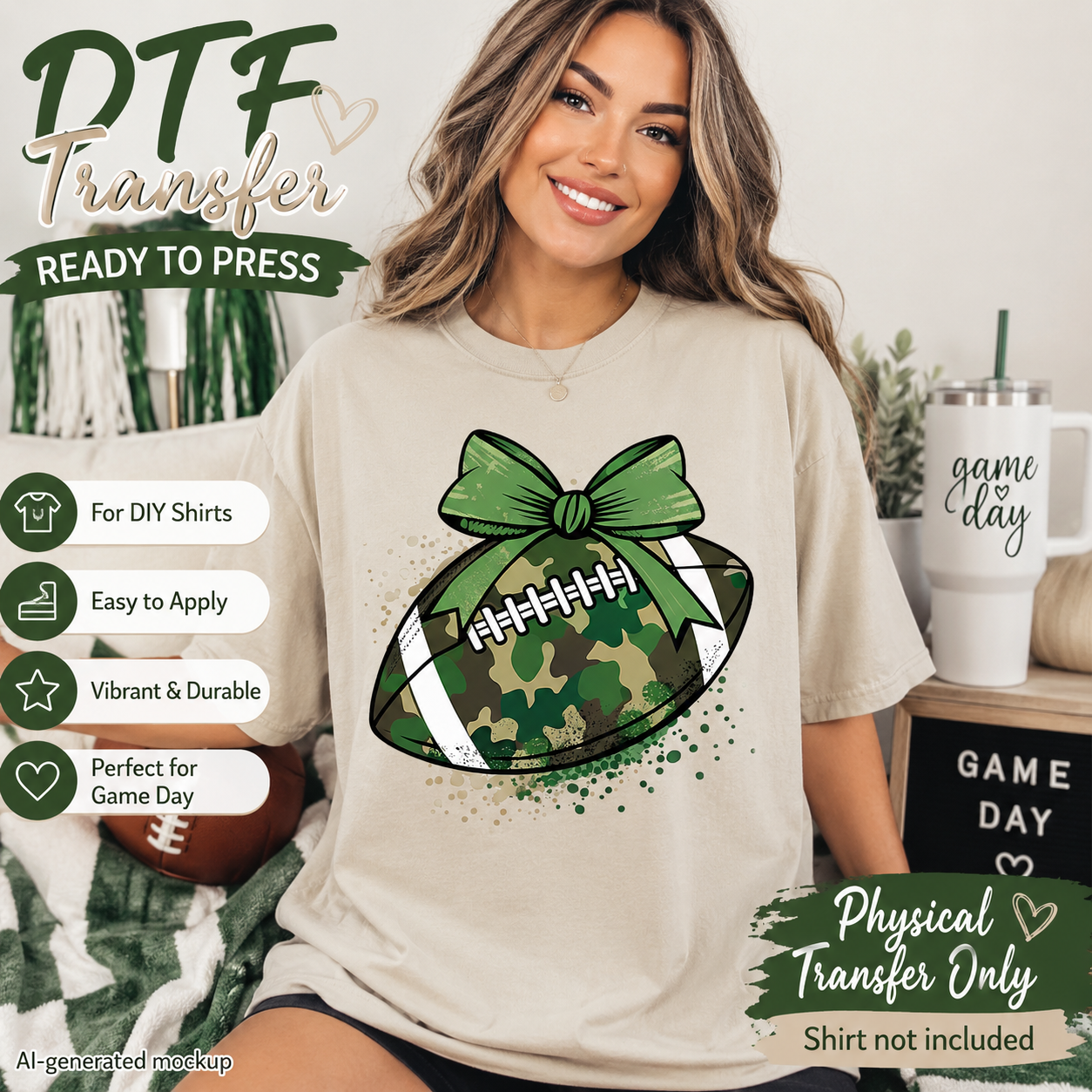 A woman wearing a beige graphic t-shirt featuring a football design with a green camouflage pattern and a large green bow. The image is a promotional mockup for a physical transfer, with text overlays detailing product features like 'DTF Transfer Ready to Press' and 'Physical Transfer Only'.
