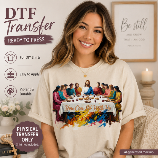 A woman wearing a cream-colored t-shirt with a colorful graphic print of Jesus and the disciples at a table, captioned 'You Can Sit With Me'. The image is a promotional mockup for a DTF (Direct to Film) transfer, featuring text overlays detailing product features like 'READY TO PRESS' and 'PHYSICAL TRANSFER ONLY'.