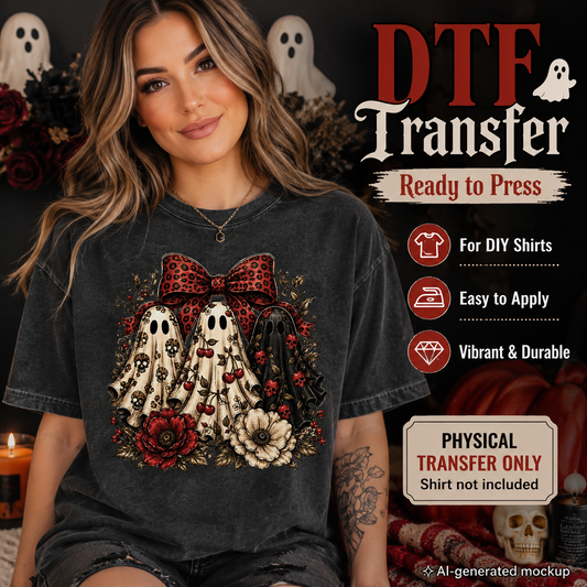 A woman wearing a dark gray t-shirt with a Halloween-themed ghost graphic, set against a dark background with promotional text overlays for a DTF transfer.