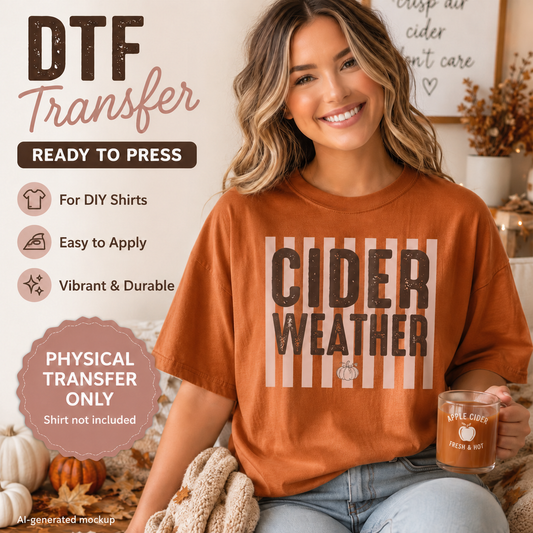 Woman wearing a rust shirt with Cider Weather retro striped fall DTF transfer