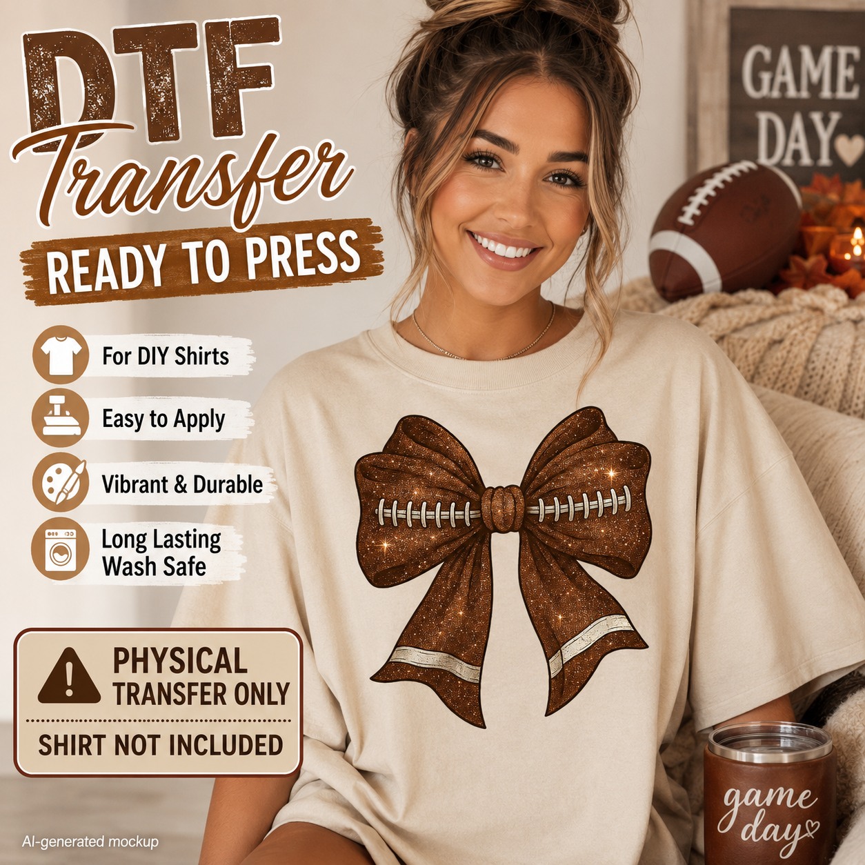 A woman wearing a cream-colored t-shirt with a brown glittery football bow and football graphic, in a cozy home setting. The image includes text overlays advertising a 'DTF Transfer Ready to Press' product, with features listed on the left and a mockup disclaimer at the bottom.