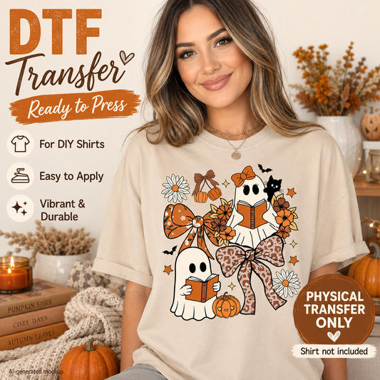 A woman wearing a cream-colored t-shirt with a colorful Halloween graphic of ghosts, pumpkins, and autumn bows. The image includes promotional text overlays for a 'DTF Transfer Ready to Press' service.