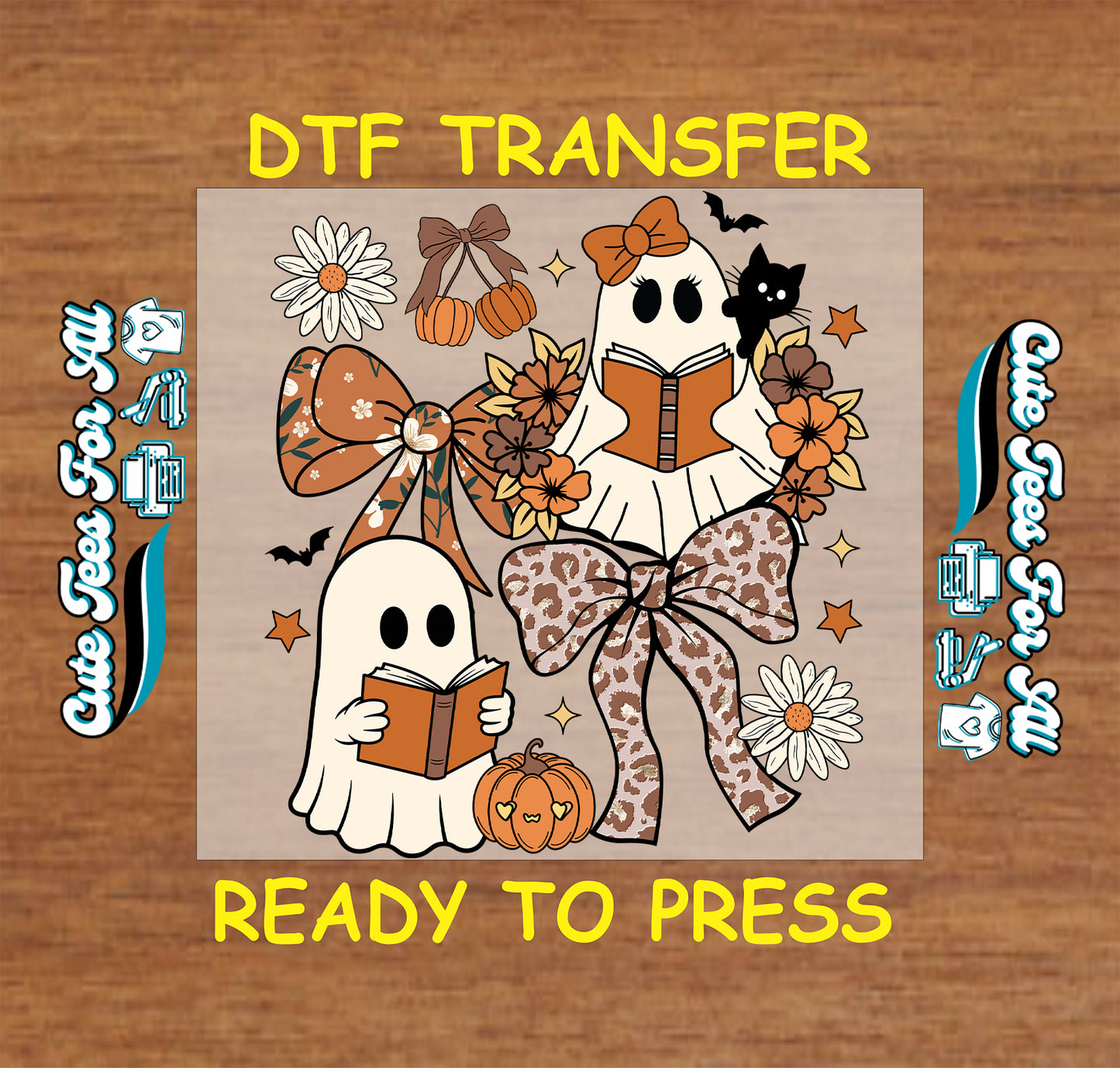 A square DTF transfer design featuring two cute cartoon ghosts reading books, surrounded by autumn elements like pumpkins, daisies, stars, and leopard-print bows, shown on a wood background with the text 'DTF TRANSFER' and 'READY TO PRESS'.