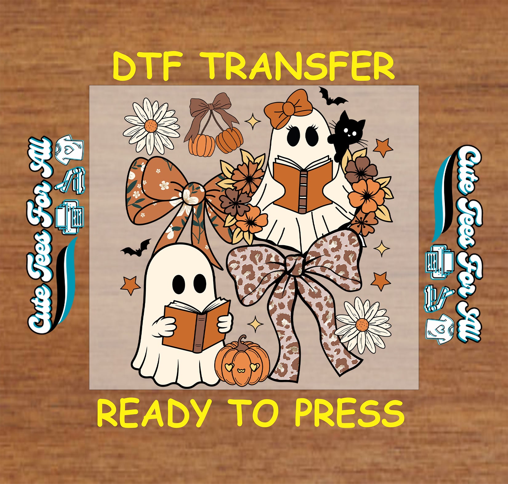 A square DTF transfer design featuring two cute cartoon ghosts reading books, surrounded by autumn elements like pumpkins, daisies, stars, and leopard-print bows, shown on a wood background with the text 'DTF TRANSFER' and 'READY TO PRESS'.