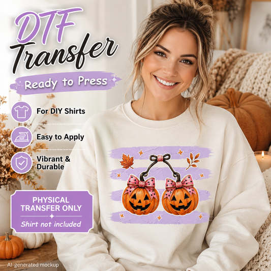 A smiling woman seated indoors wearing a cream sweatshirt with a Halloween graphic of two jack-o'-lanterns under a black bow on a lavender brushstroke background. Large promotional text on the left reads 'DTF Transfer', 'Ready to Press', 'For DIY Shirts', 'Easy to Apply', 'Vibrant & Durable', and 'Physical Transfer Only.