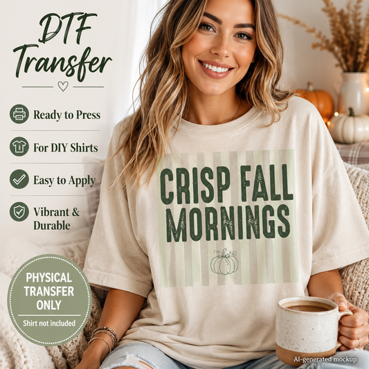 A woman wearing a cream-colored t-shirt with a 'CRISP FALL MORNINGS' graphic, holding a mug in a cozy indoor setting. The left side of the image features promotional text for a DTF (Direct to Film) transfer mockup.