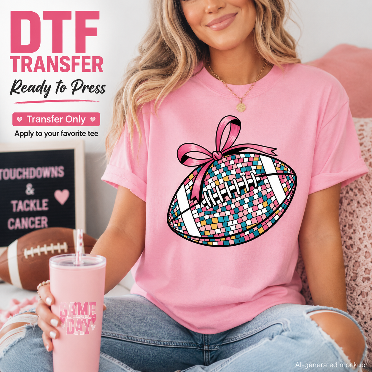 A woman wearing a pink t-shirt with a graphic of a football covered in colorful pixelated tiles and a pink ribbon, holding a pink tumbler. Text overlays on the left read 'DTF TRANSFER Ready to Press Transfer Only Apply to your favorite tee'.