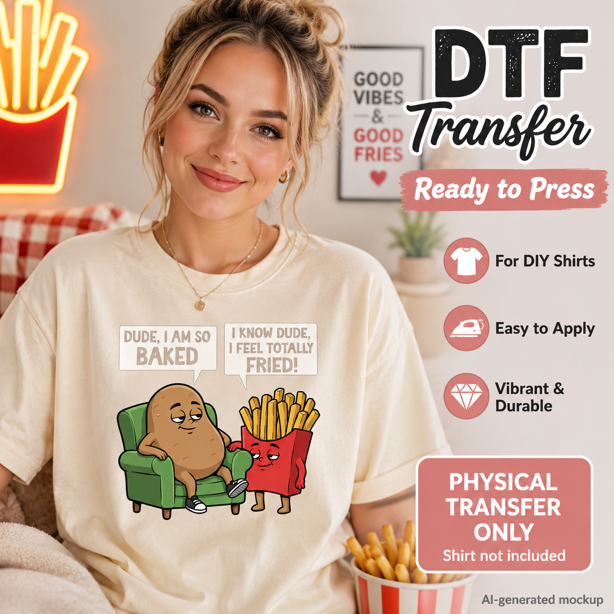 A woman wearing a cream-colored t-shirt with a cartoon graphic of a potato in a green chair and a red french fry box. The image is a promotional mockup for a DTF (Direct to Film) transfer, with text overlays explaining that the shirt is not included and highlighting key features like 'Ready to Press'.