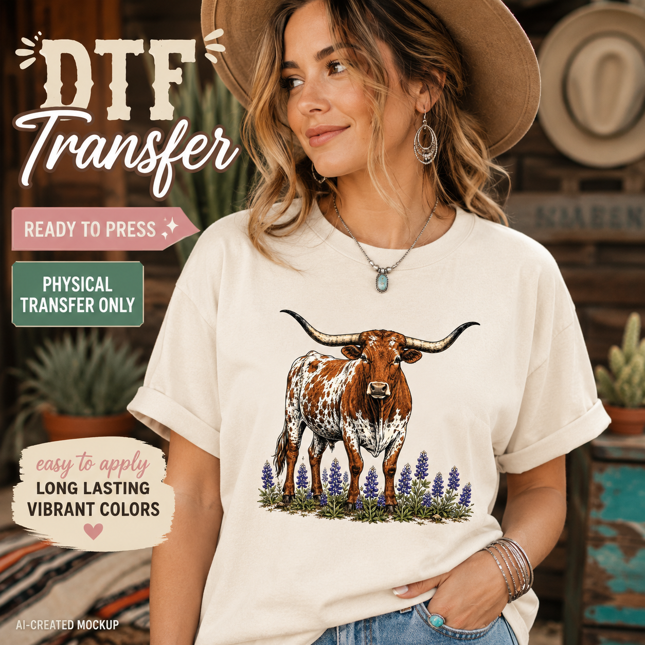 A woman wearing a cream-colored DTF transfer t-shirt with a graphic of a brown and white spotted longhorn steer standing among purple flowers. The image includes promotional text overlays for a physical transfer mockup.
