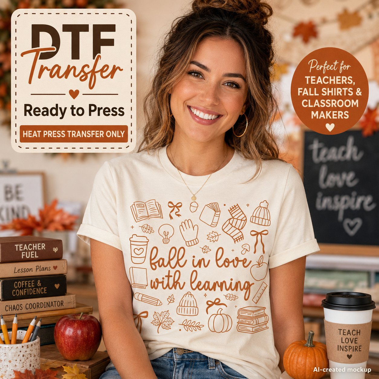 A woman wearing a cream-colored t-shirt with a fall-themed graphic that reads 'fall in love with learning' surrounded by autumn illustrations. The image is a mockup with promotional text overlays for a heat transfer design, set in a cozy classroom environment.