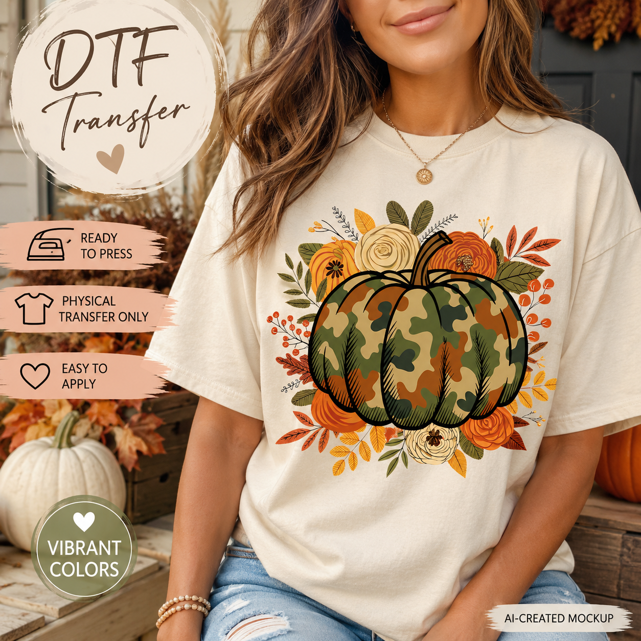 A woman wearing a cream-colored t-shirt with a large autumn-themed graphic of a camouflage pumpkin surrounded by orange, yellow, and green leaves. The image includes promotional text overlays for a 'DTF Transfer' product.