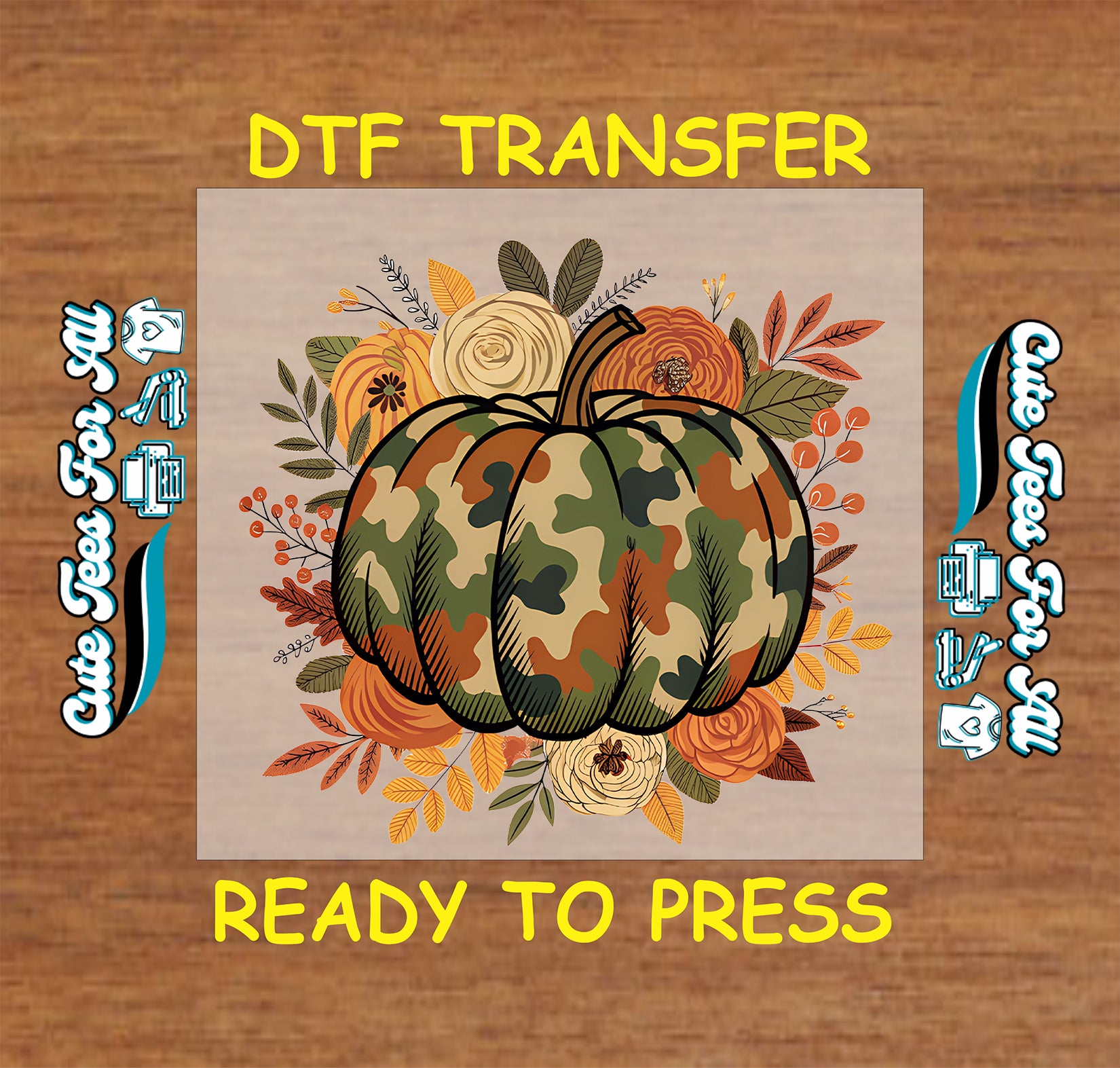 A DTF transfer design featuring a camouflage pumpkin surrounded by autumn leaves and flowers, presented on a wood-grain background with 'DTF TRANSFER' and 'READY TO PRESS' text.