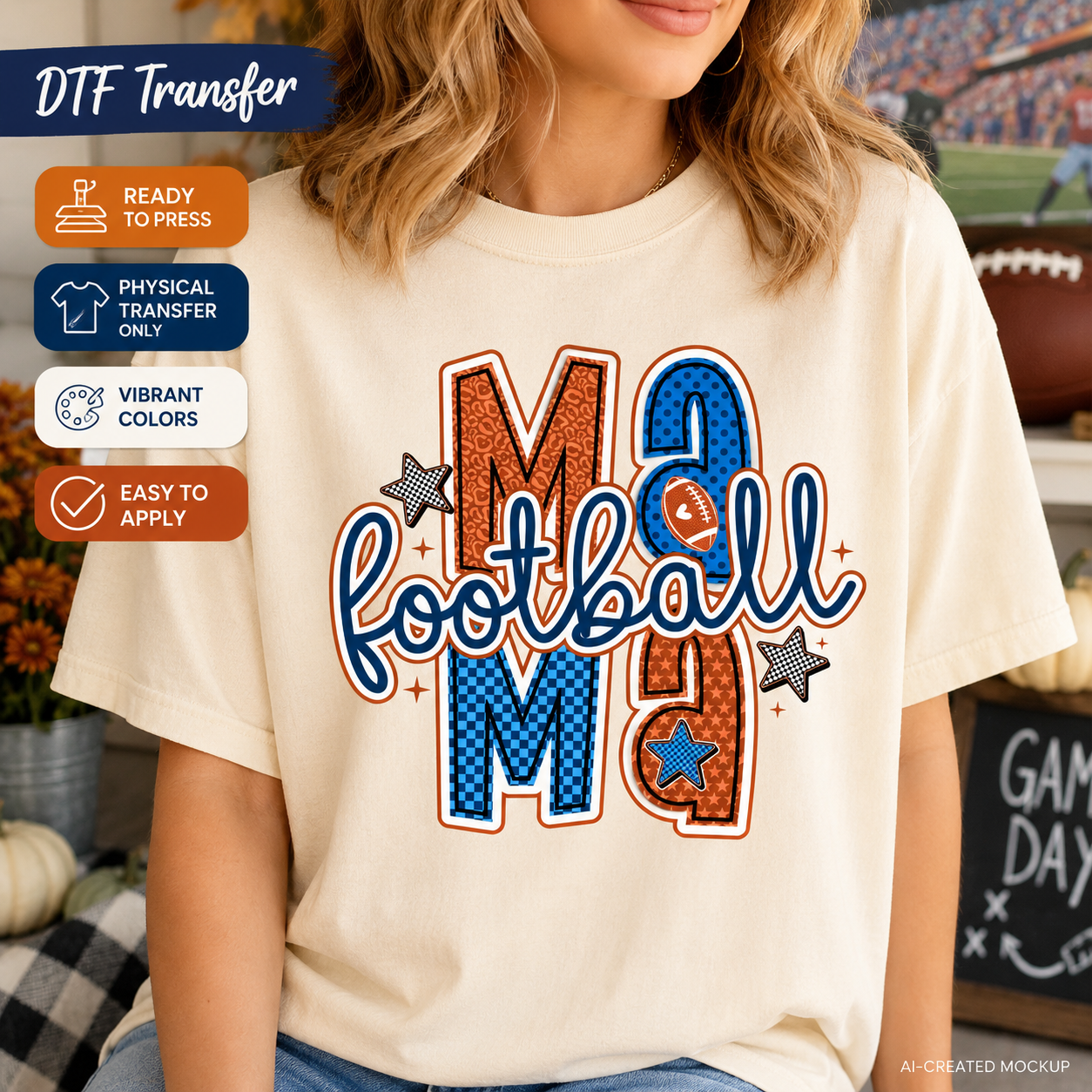 A woman wearing a cream-colored t-shirt with a 'MAMA football' graphic in blue and orange, with promotional badges on the left side of the image.